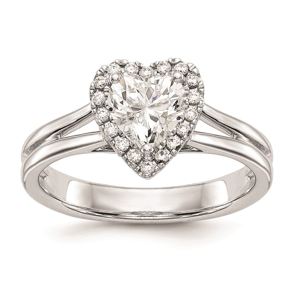 14k White Gold Halo (Holds 1/2 carat () Heart Center) 1/10 carat Diamond Semi-mount Split Shank Engagement Ring