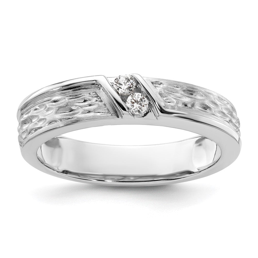 14k White Gold Polish & Satin Hammered Diamond Mens Wedding Band