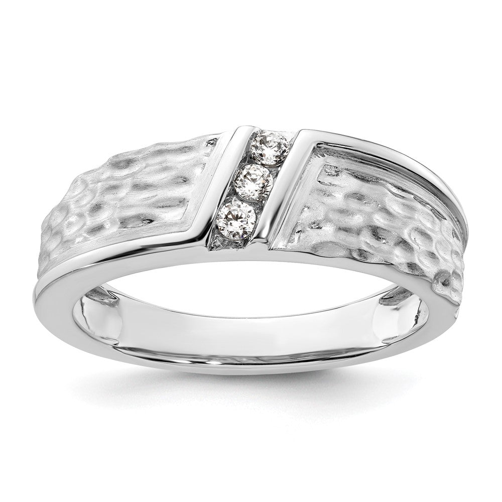 14k White Gold Polish & Satin Hammered Diamond Mens Wedding Band