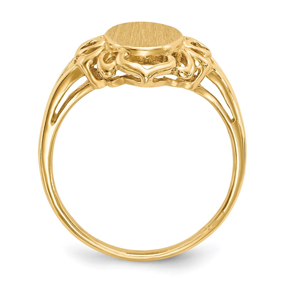 14k 7.5x Oval Open Back Filigree Heart Edge Signet Ring