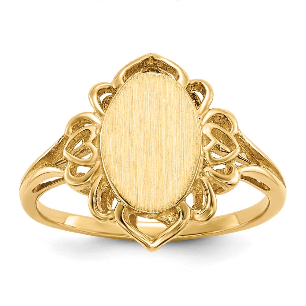 14k 7.5x Oval Open Back Filigree Heart Edge Signet Ring