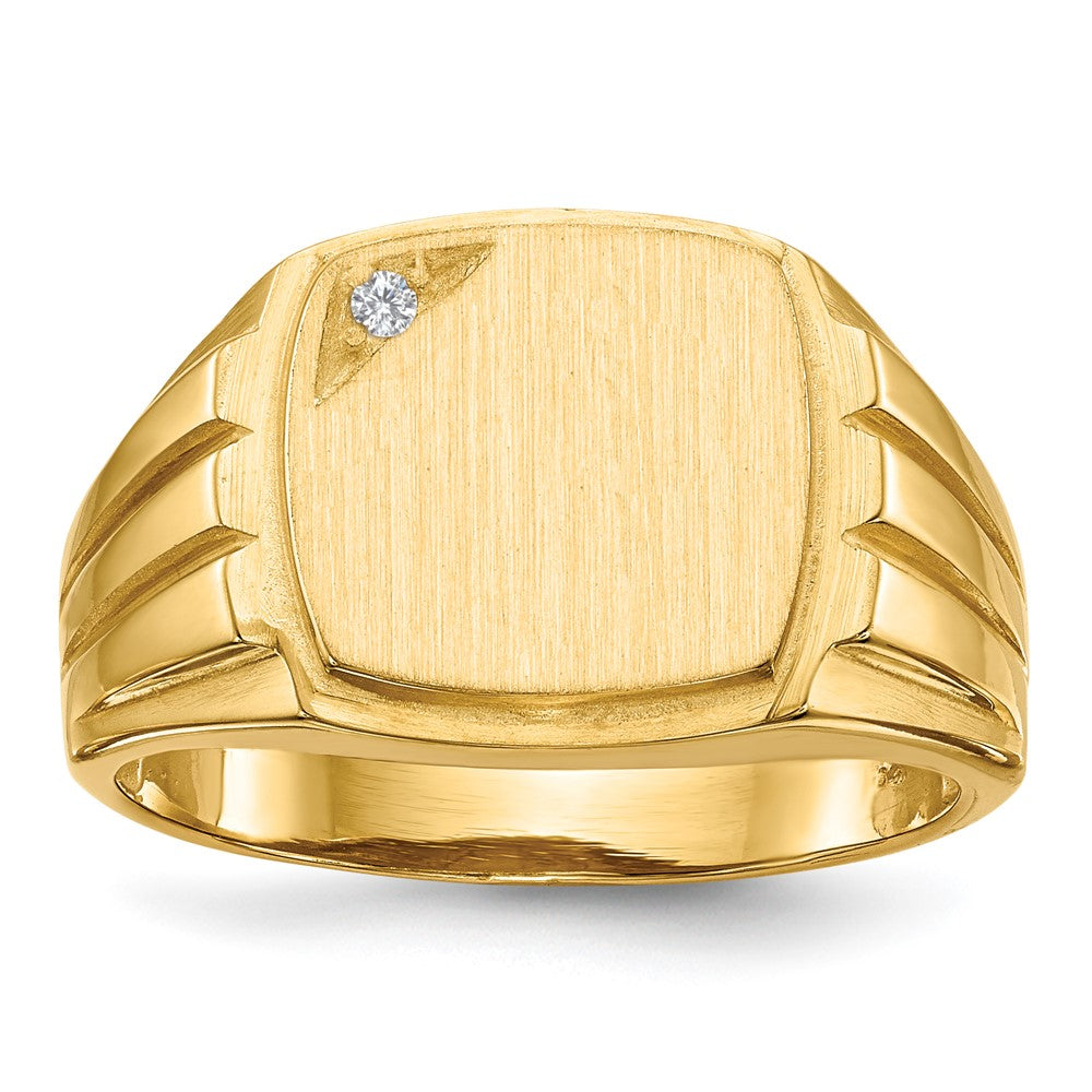 14k .02ct. A Diamond 12.0x Cushion Open Back Grooved Sides Mens Signet Ring