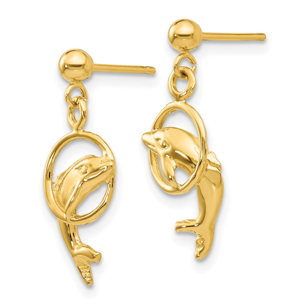14k Polished Dolphin Jumping Through Hoop Dangle Post Earrings