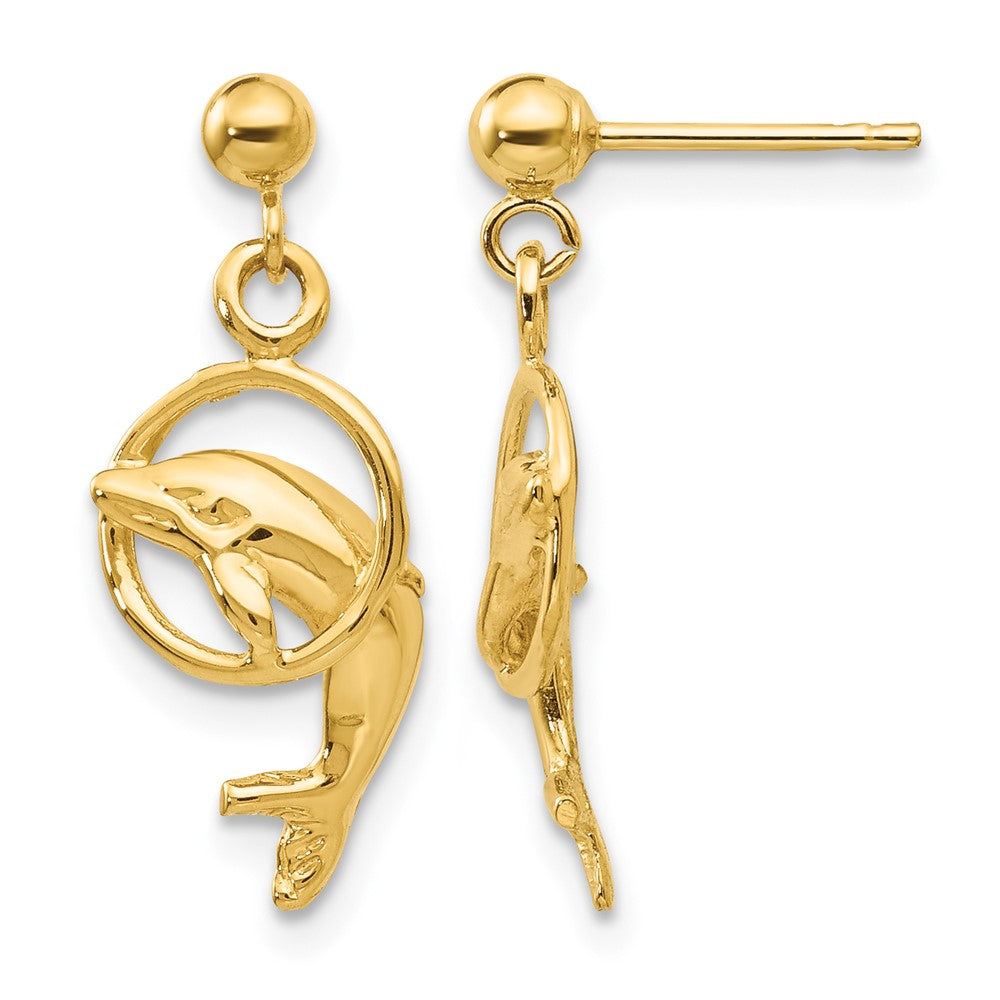 14k Polished Dolphin Jumping Through Hoop Dangle Post Earrings