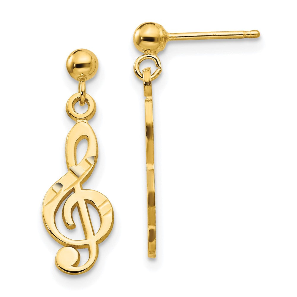 14k Polished Diamond-cut Treble Clef Dangle Post Earrings