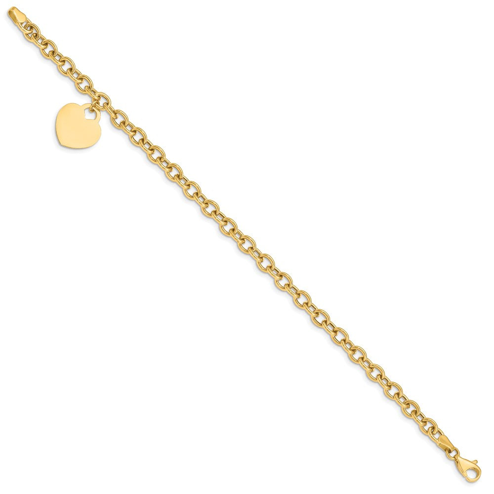 14K Engravable 18x Solid Dangle Heart Charm and Hollow Chain Bracelet
