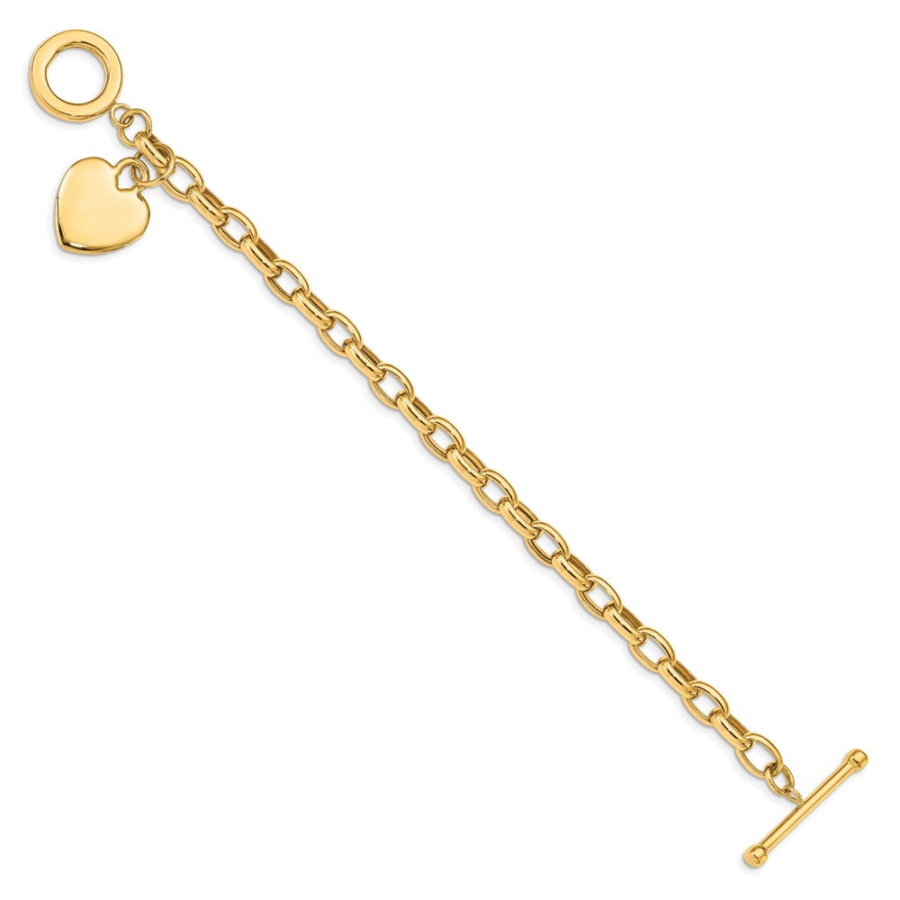 14k Engravable 26x Solid Dangle Heart Charm and Hollow Chain Toggle Bracelet