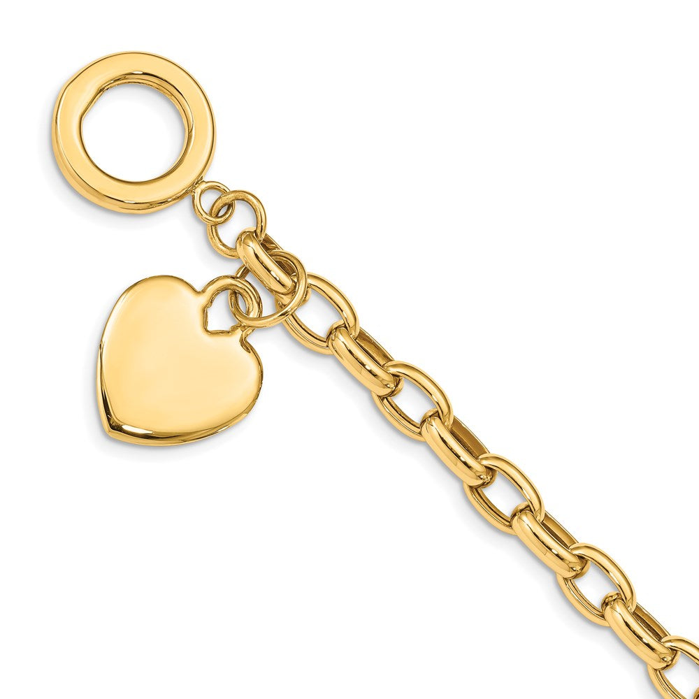 14k Engravable 26x Solid Dangle Heart Charm and Hollow Chain Toggle Bracelet