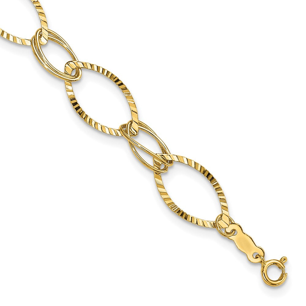 14K Polished and Textured Fancy Oval Link Bracelet