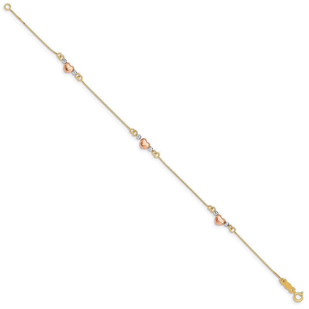 14K Tri-Color Puffed Heart 3-Station Bracelet