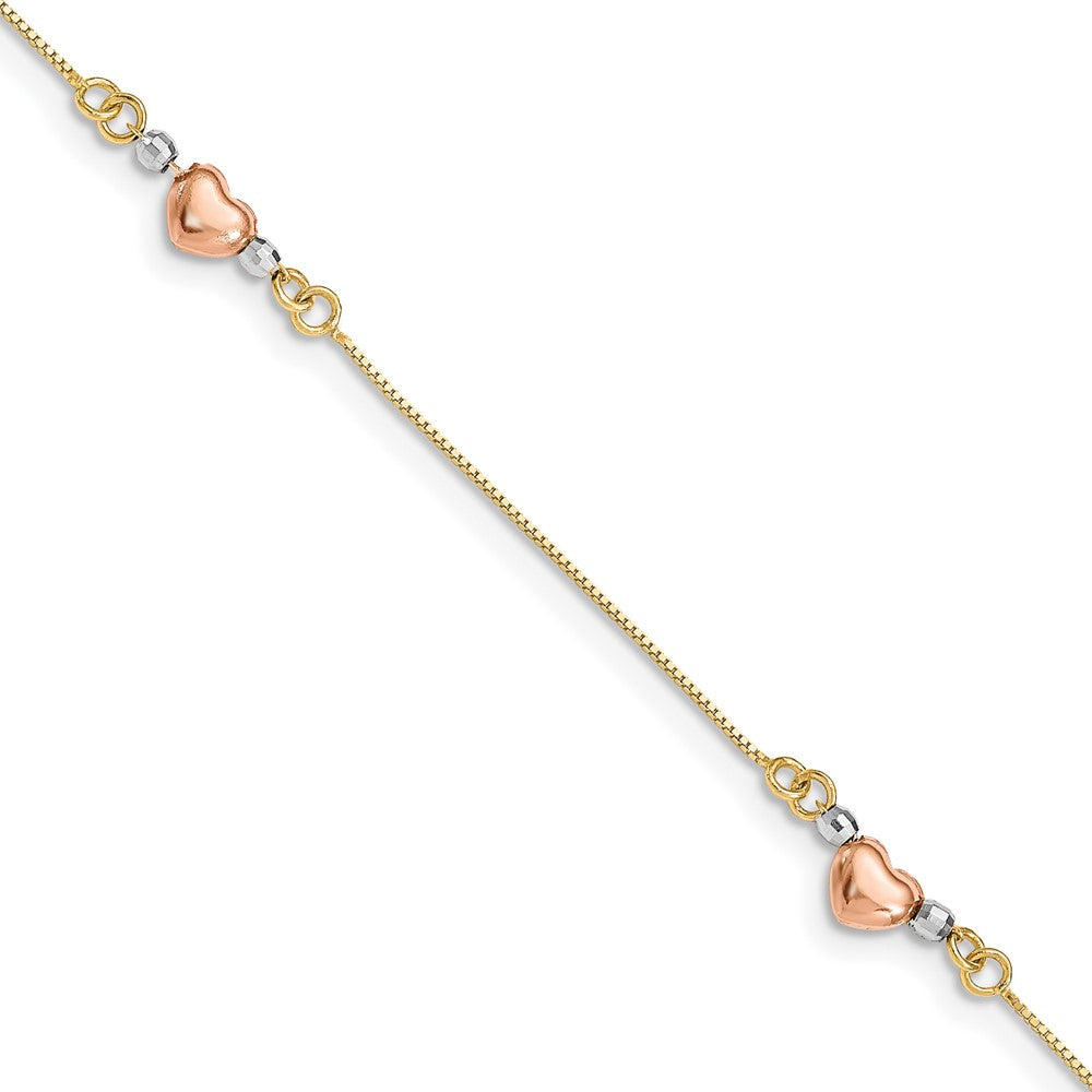 14K Tri-Color Puffed Heart 3-Station Bracelet