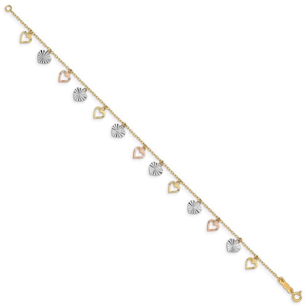 14K Tri-Color Textured Heart Dangle Bracelet