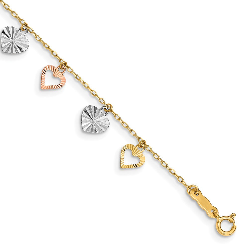 14K Tri-Color Textured Heart Dangle Bracelet