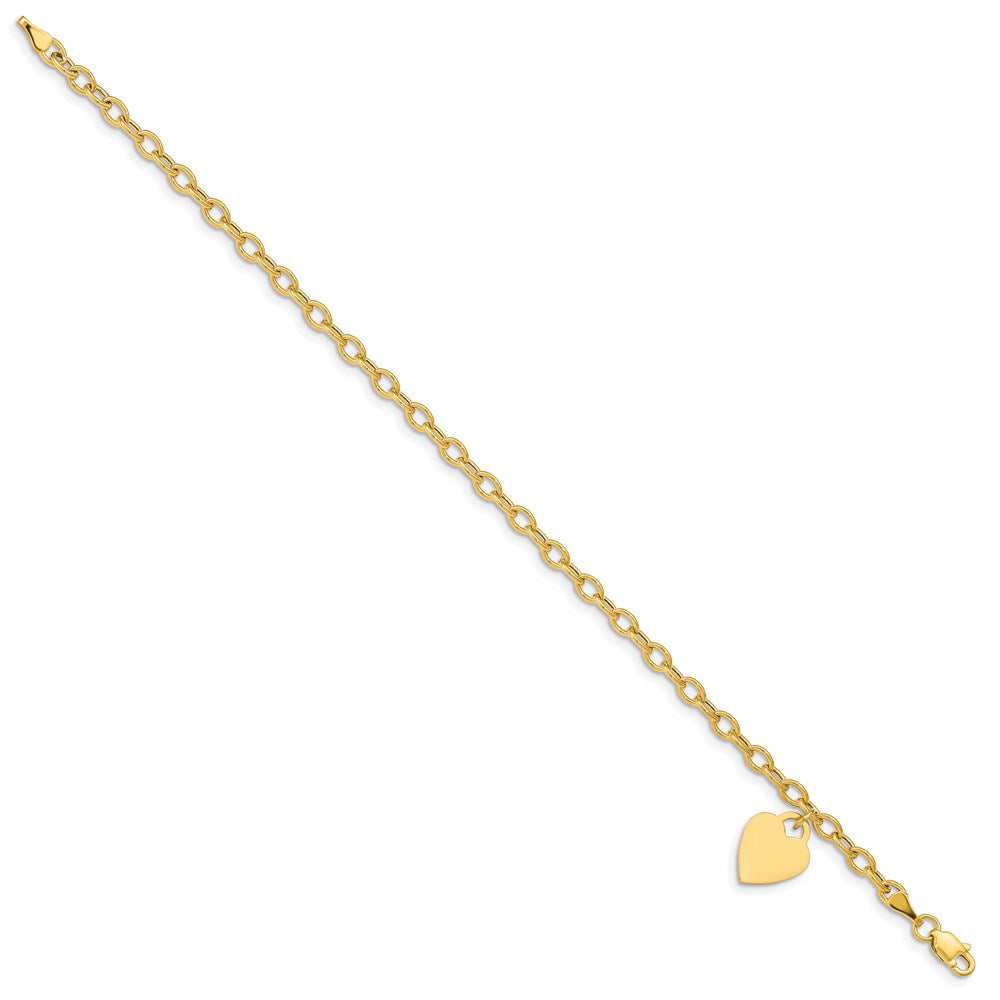 14K Engravable 14x Solid Dangle Heart Charm and Hollow Chain Bracelet