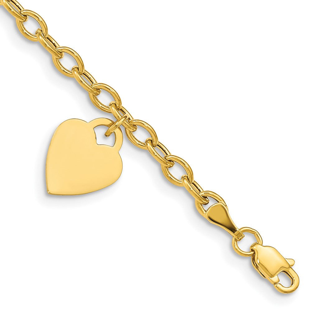 14K Engravable 14x Solid Dangle Heart Charm and Hollow Chain Bracelet