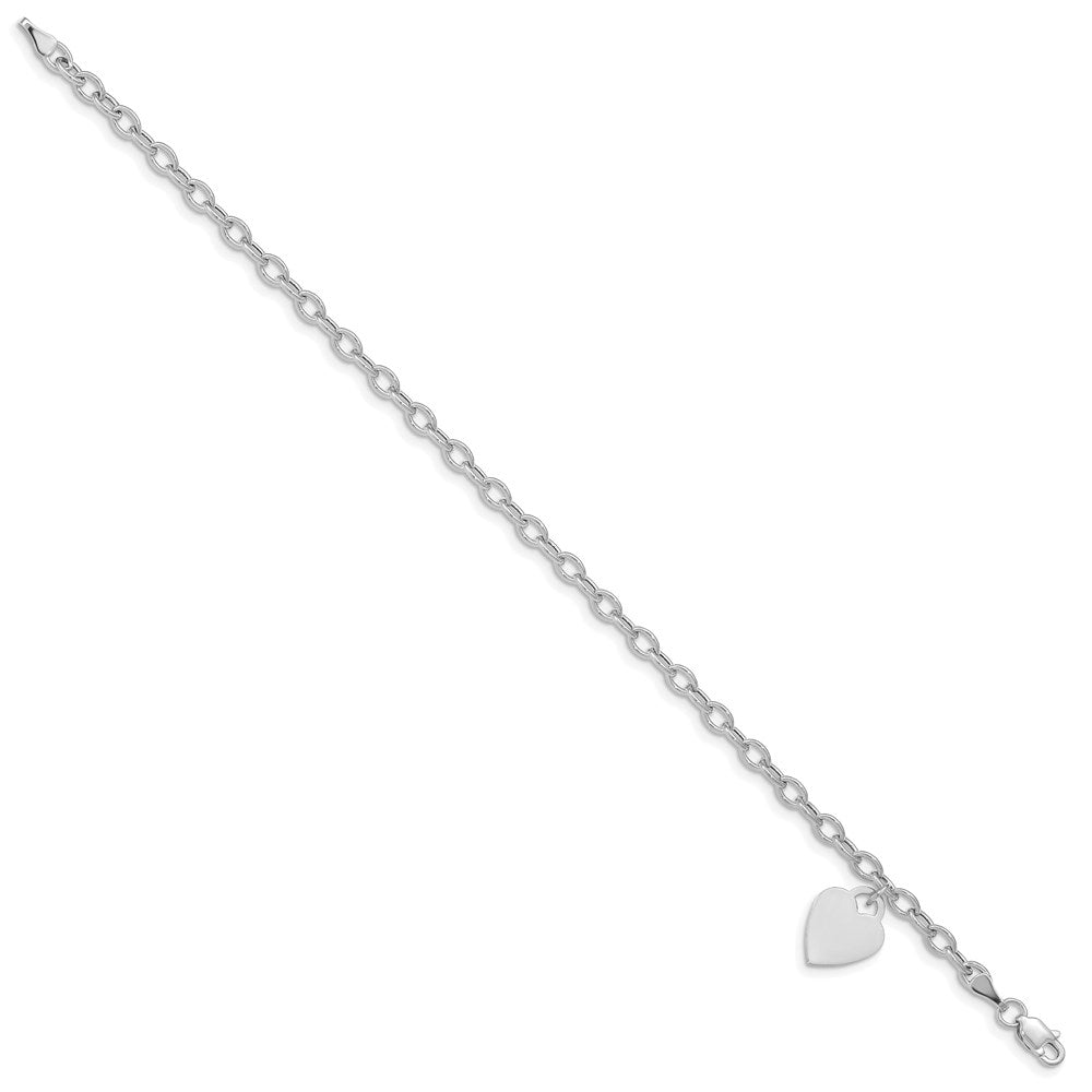 14k White Gold Engravable 14x Solid Dangle Heart Charm and Hollow Chain Bracelet