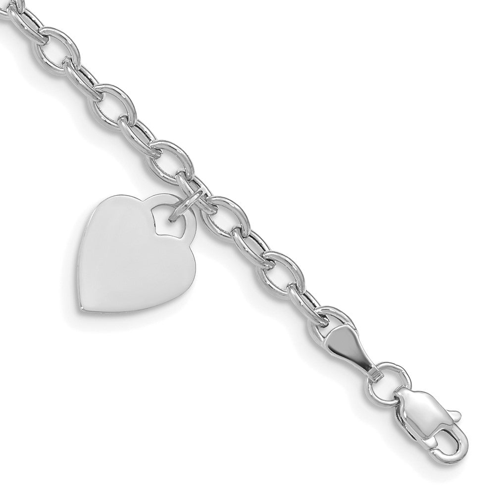 14k White Gold Engravable 14x Solid Dangle Heart Charm and Hollow Chain Bracelet