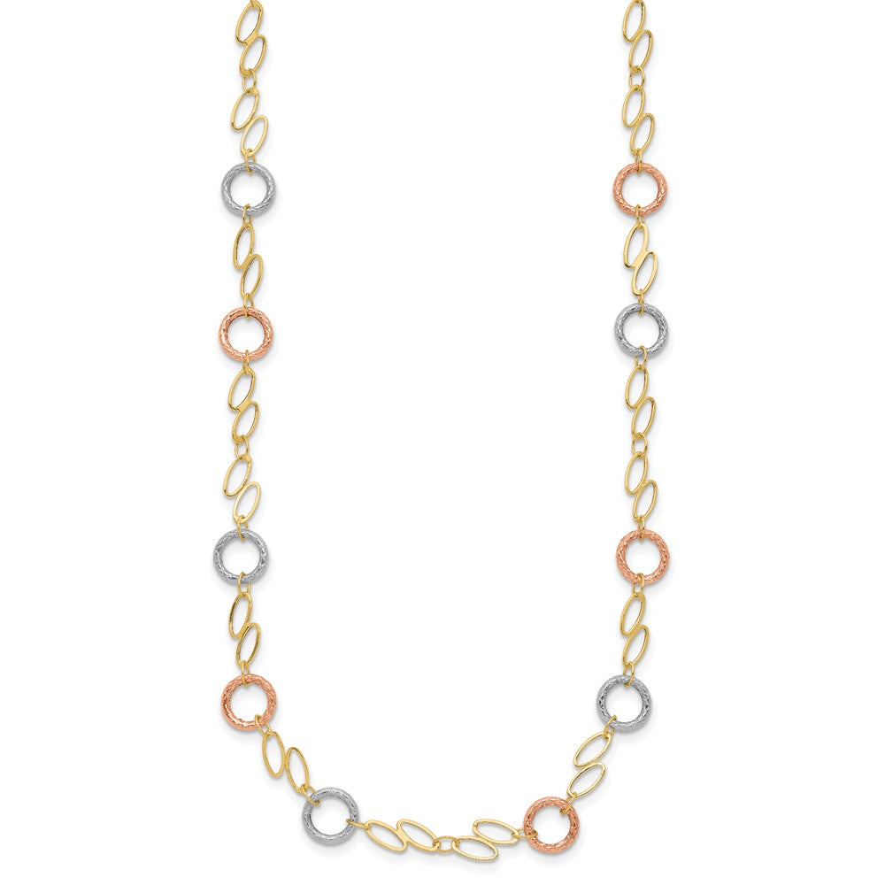 14k Tri-color Polished and Textured Round Circles and Ovals Necklace