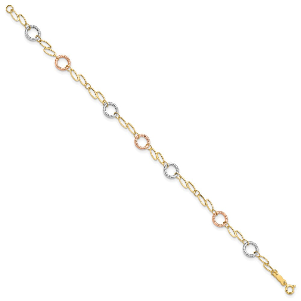 14k Tri-color Polished and Textured Round Circles and Ovals Bracelet