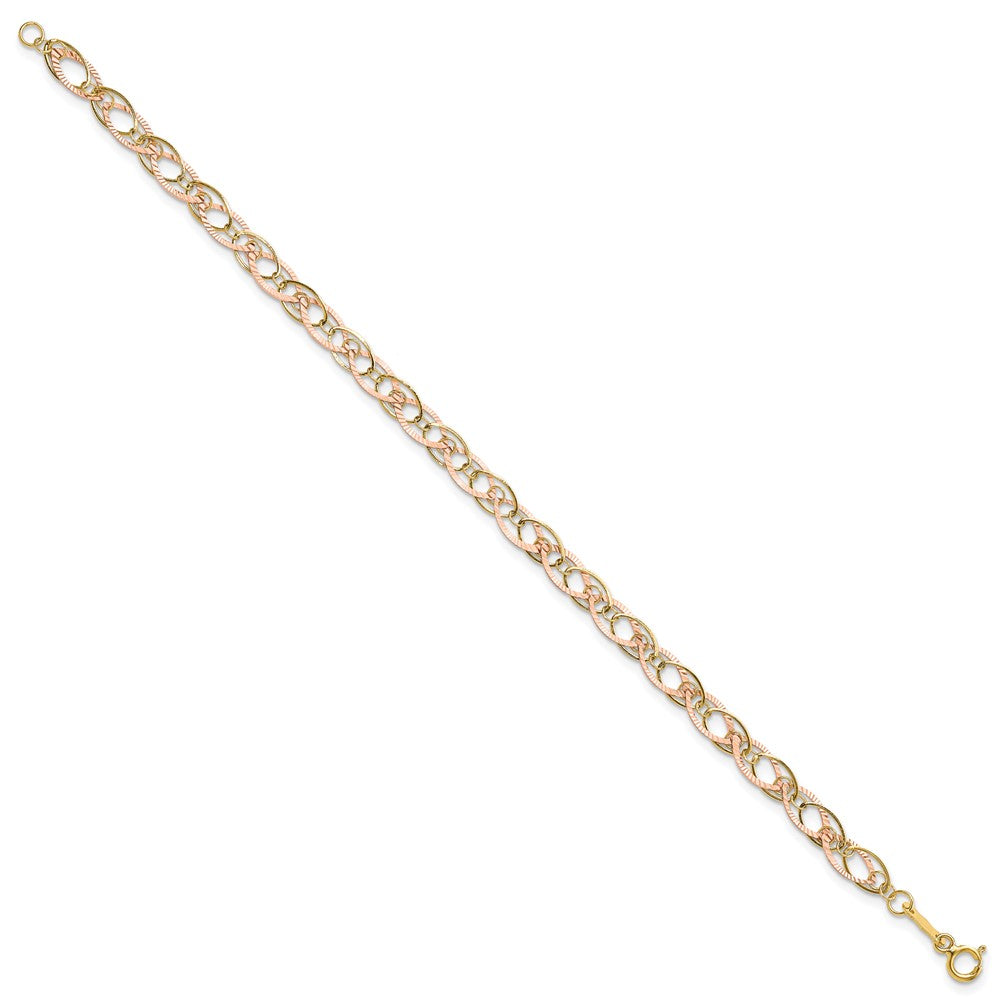 14k Two-tone Polished and Textured Oval Link Bracelet