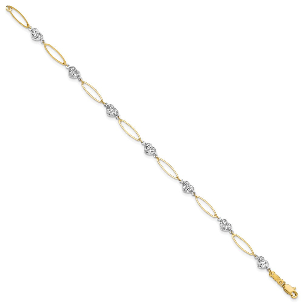 14k Two-tone Diamond-cut Puffed Heart and Flat Oval Link Bracelet