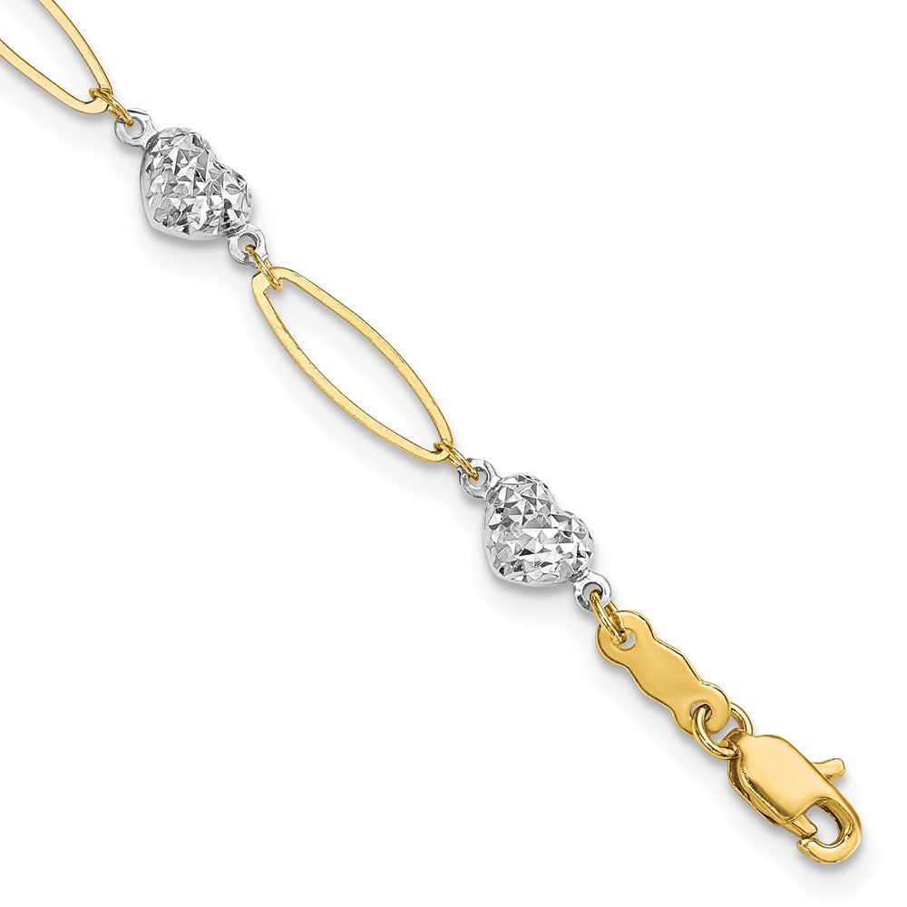 14k Two-tone Diamond-cut Puffed Heart and Flat Oval Link Bracelet