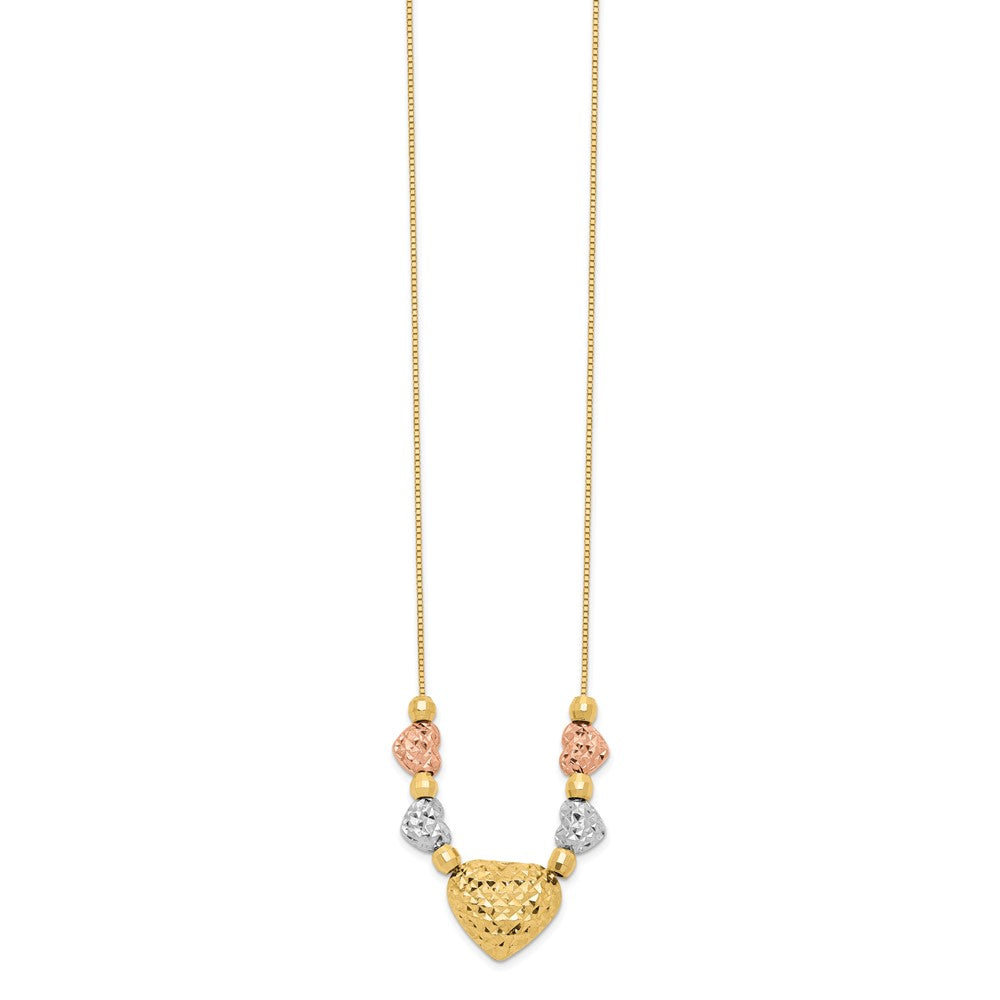 14k Tri-color Puff & Flat Hearts Necklace