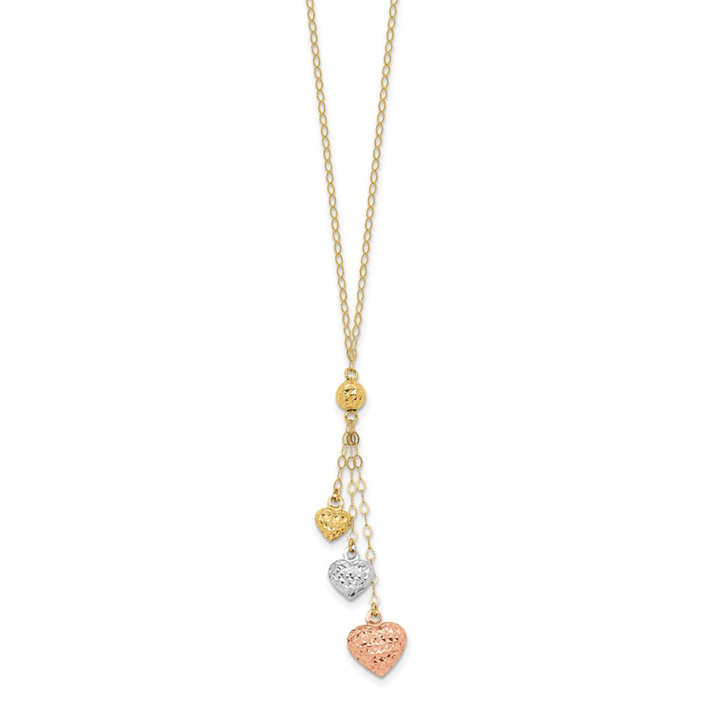 14k Tri-color Three Puffed Hearts Lariat Necklace Plus Extender