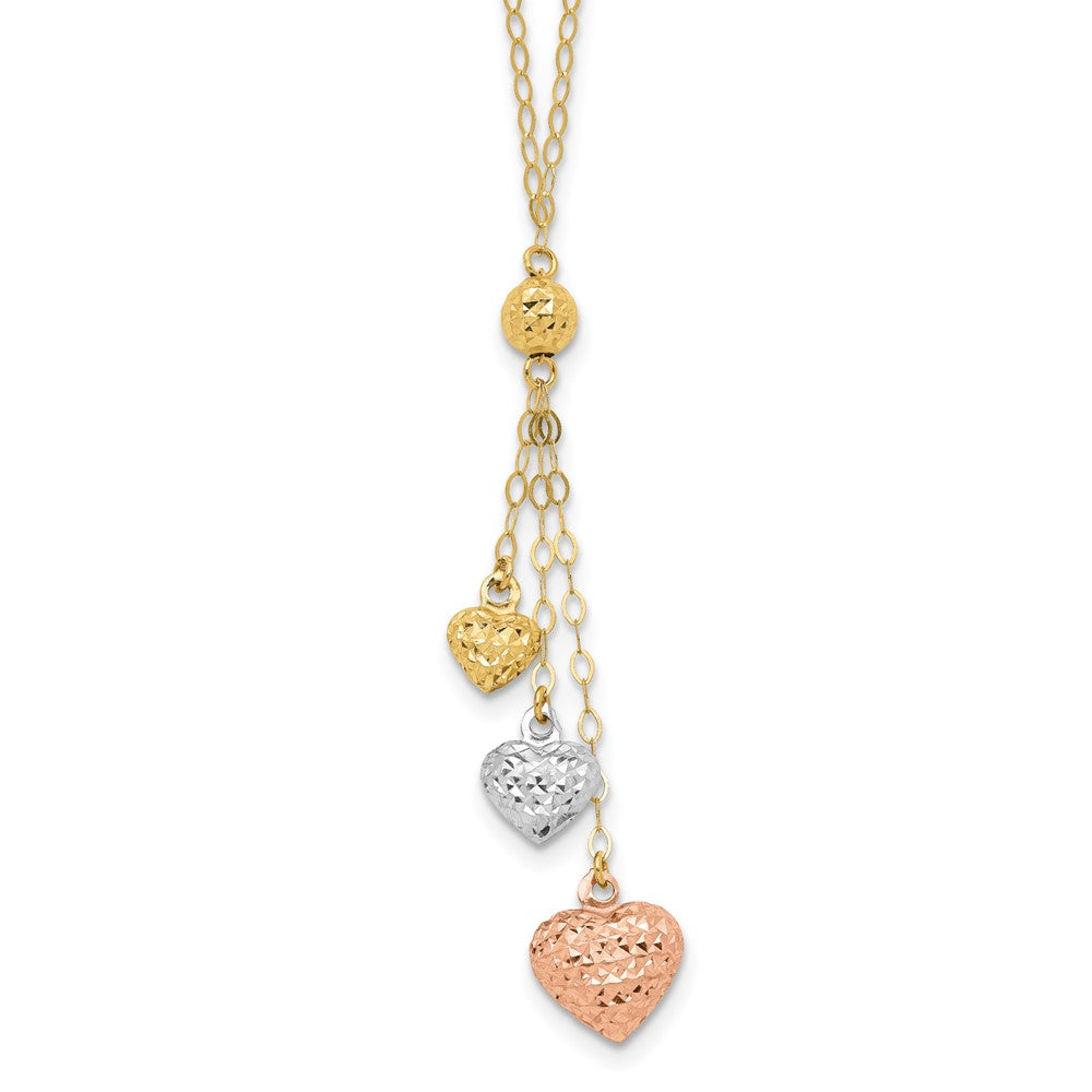 14k Tri-color Puff Heart Lariat with ext Necklace