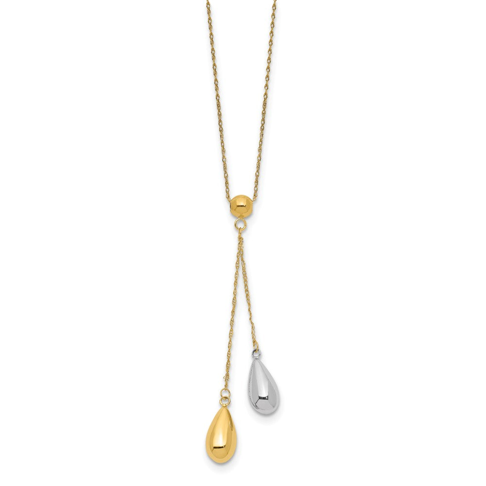14k Two-tone Two Puffed Teardrop Beads Lariat Necklace