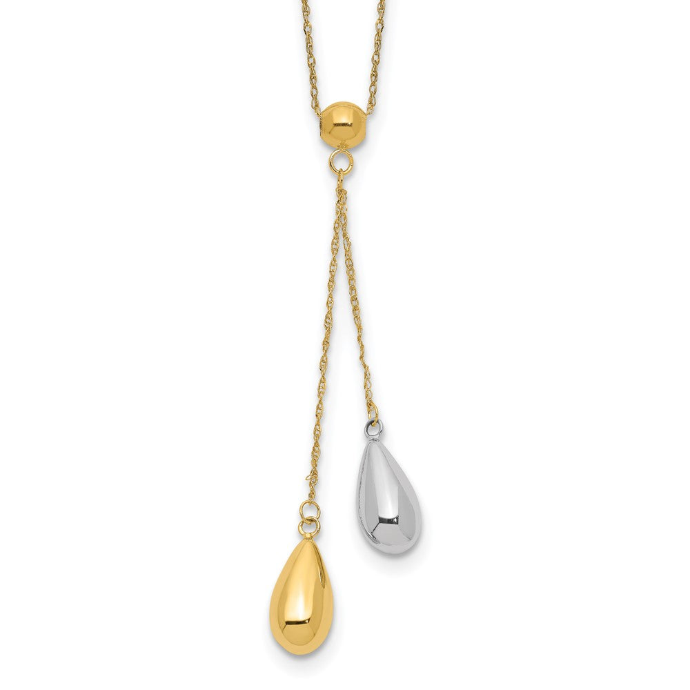 14k Two-tone Two Puffed Teardrop Beads Lariat Necklace