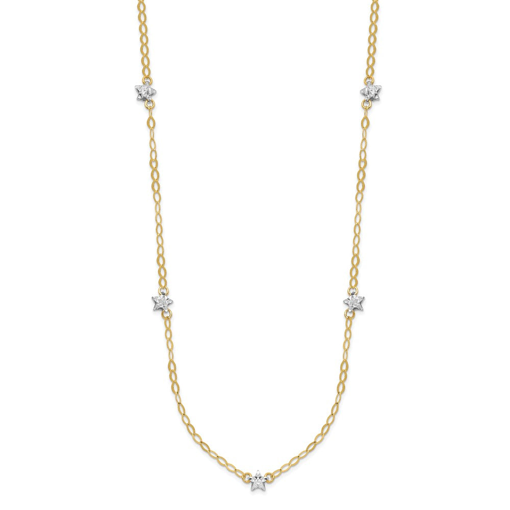 14K Two-tone Diamond-cut Stars with Oval Chain Station Necklace Plus Extender