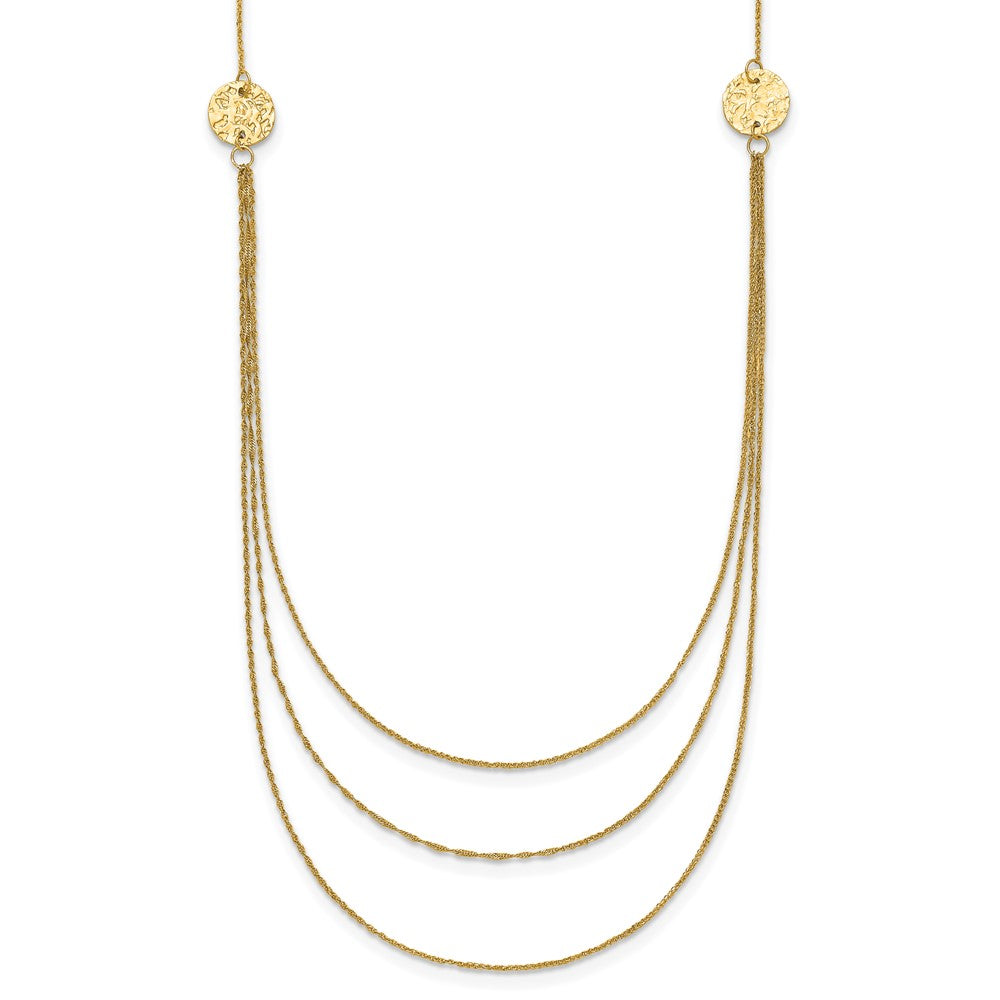 14K 3-Layer Ropa Chain Bib with Textured Side Circles Necklace Plus Extender