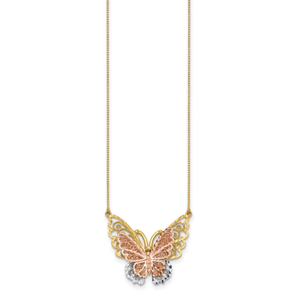 14k Yellow and Rose Gold with White Rhodium Large Filigree Butterfly Necklace