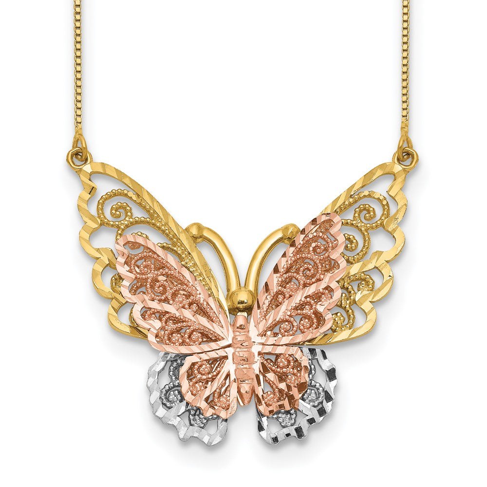 14k Yellow and Rose Gold with White Rhodium Large Filigree Butterfly Necklace
