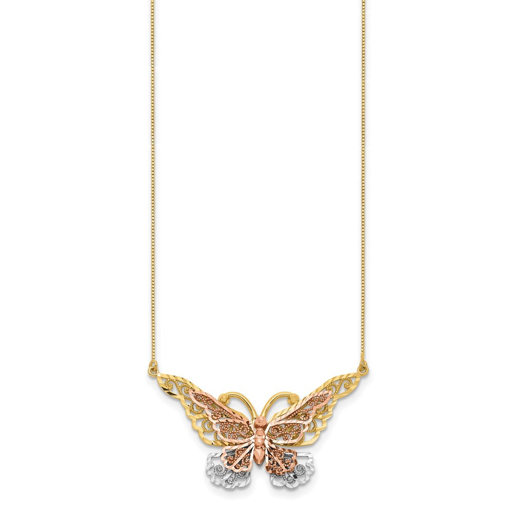 14k Yellow and Rose Gold with White Rhodium Large Filigree Butterfly Necklace
