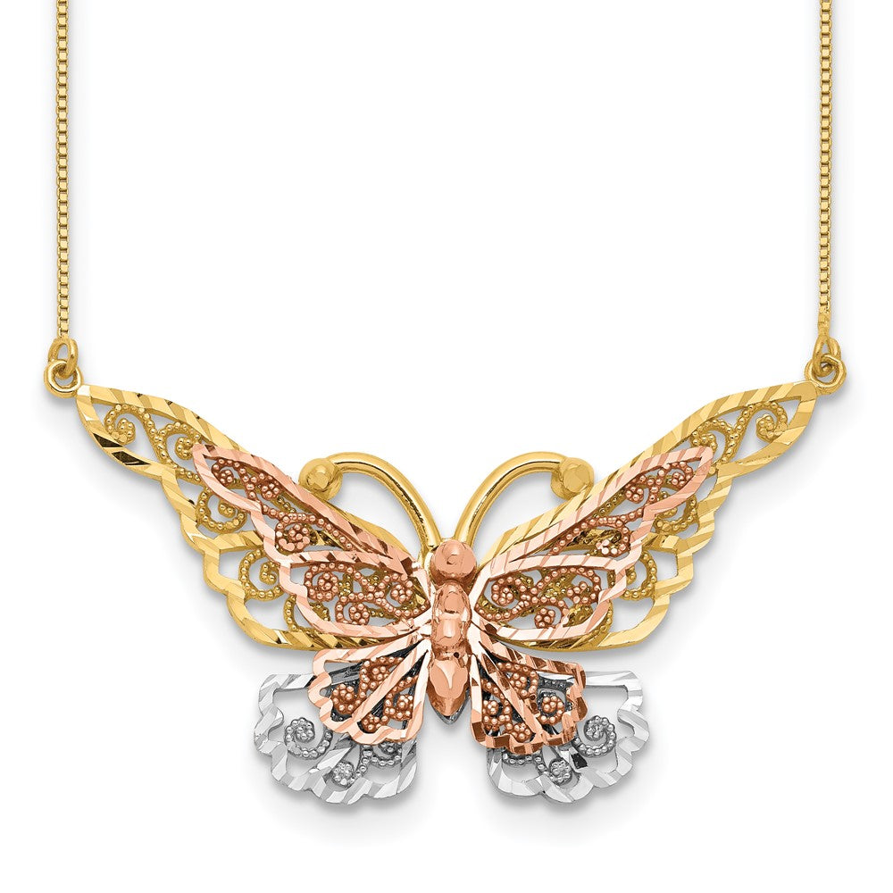 14k Yellow and Rose Gold with White Rhodium Large Filigree Butterfly Necklace