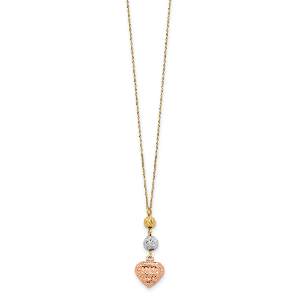 14K Tri-color Diamond-cut Beads and Puffed Heart Necklace Plus Extender