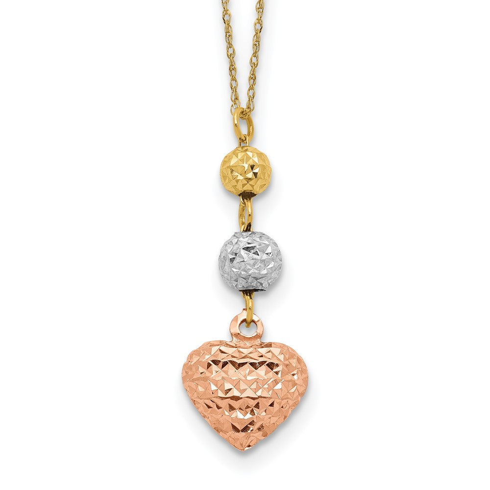 14K Tri-color Diamond-cut Beads and Puffed Heart Necklace Plus Extender