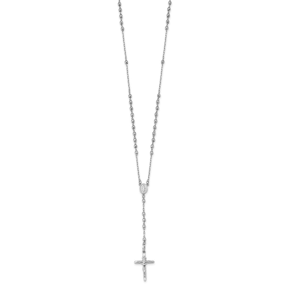 14k White Gold Polished Crucifix and Miraculous Medal with Mirror Beads Rosary Necklace