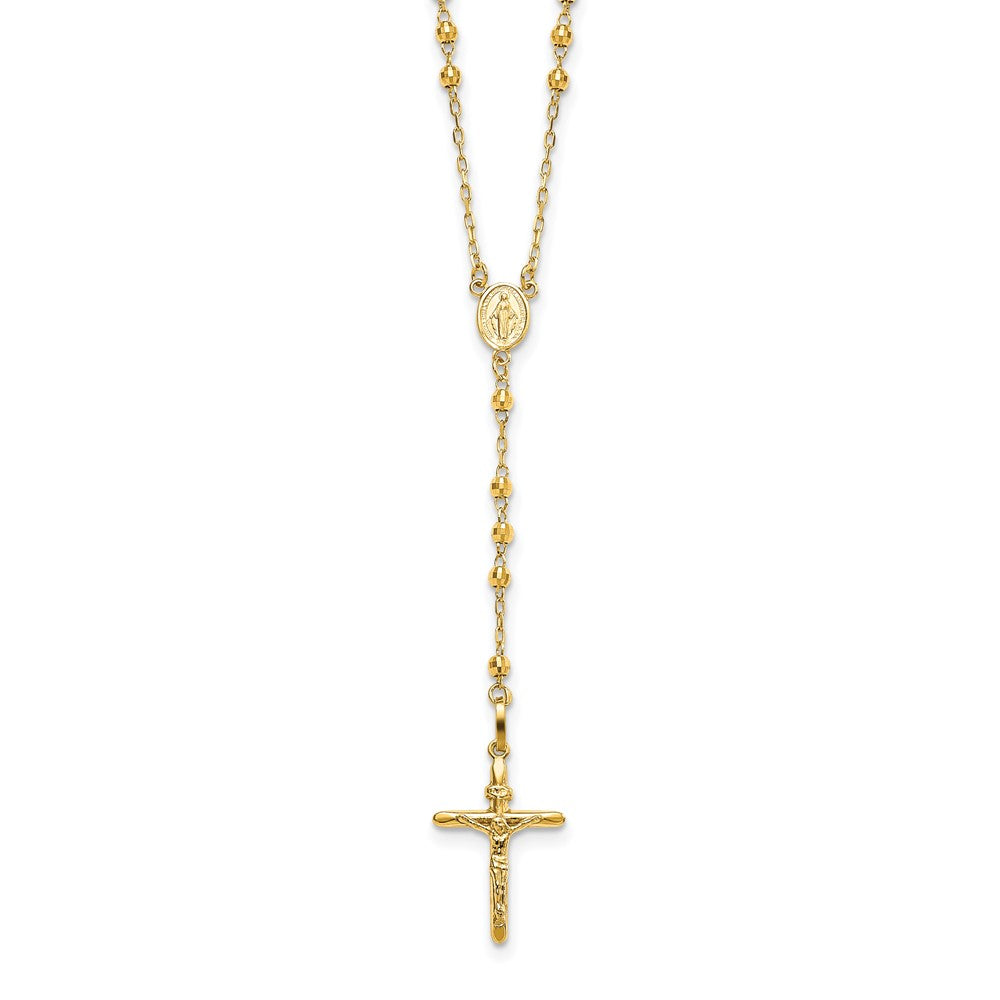 14k Polished Crucifix and Miraculous Medal with Mirror Beads Semi-solid Rosary Necklace