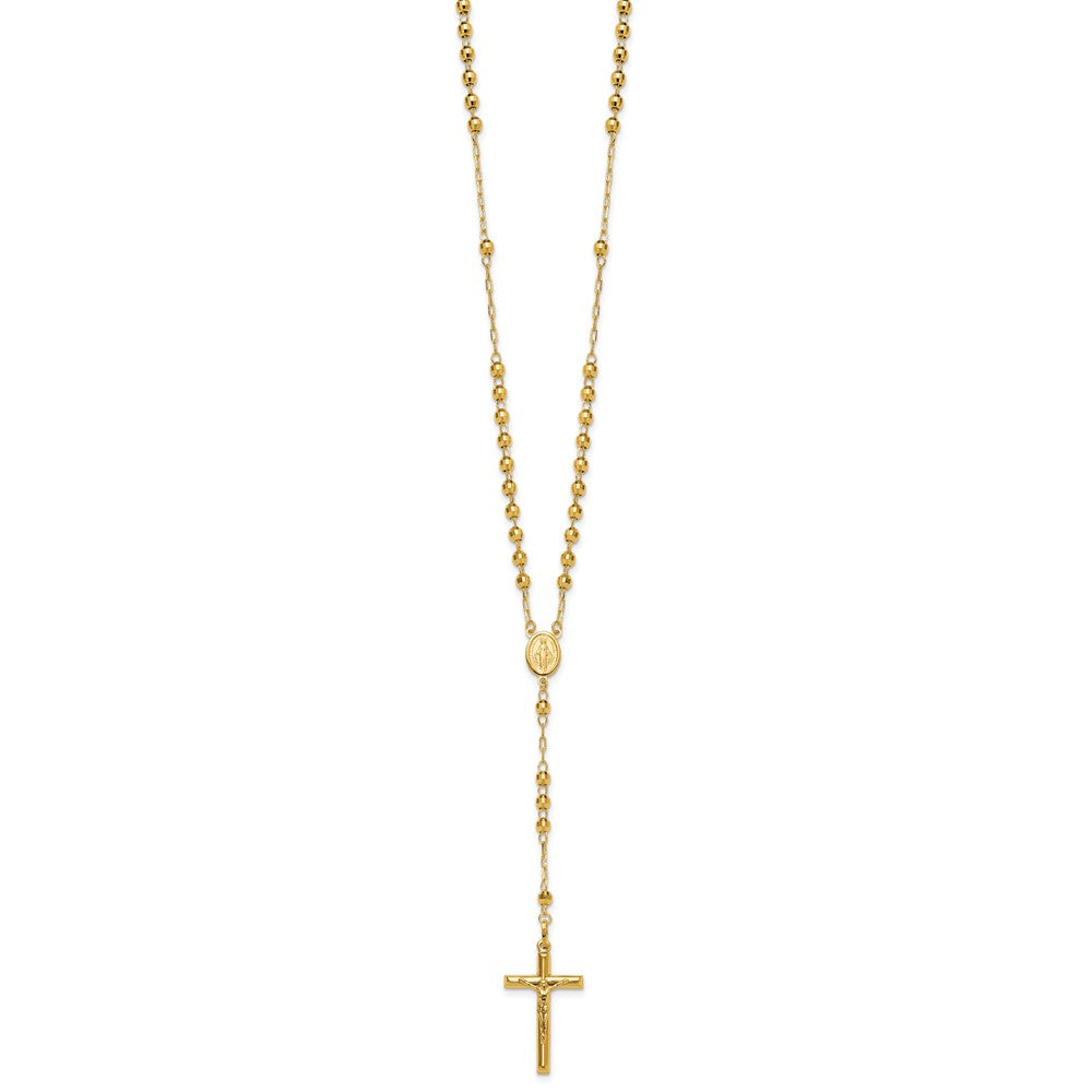 14k Polished Crucifix and Miraculous Medal with Mirror Beads Semi-solid Rosary Necklace