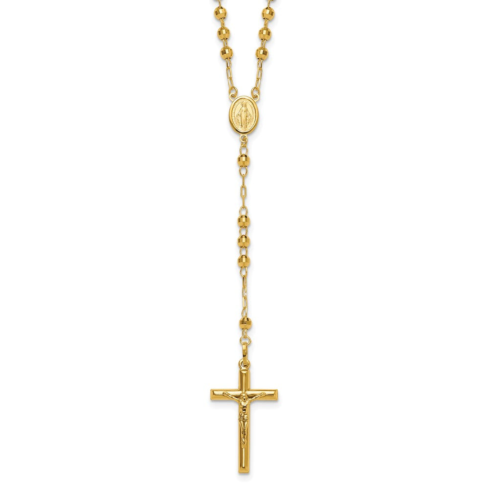 14k Polished Crucifix and Miraculous Medal with Mirror Beads Semi-solid Rosary Necklace