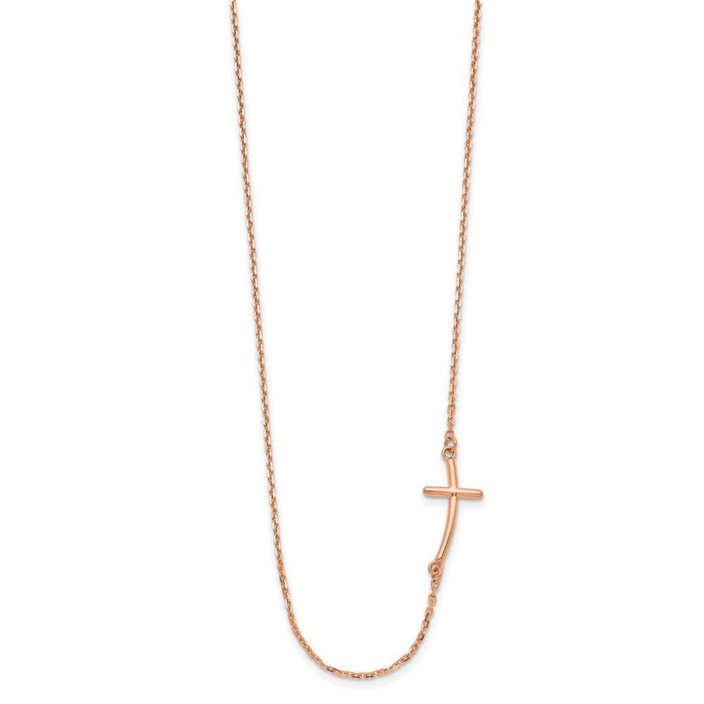 14k Rose Gold Polished Small Sideways Curved Cross Necklace