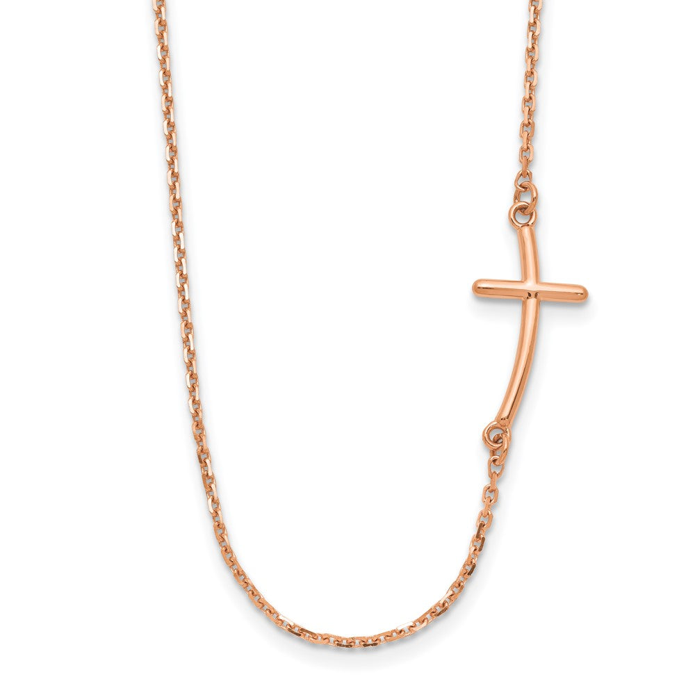 14k Rose Gold Polished Small Sideways Curved Cross Necklace