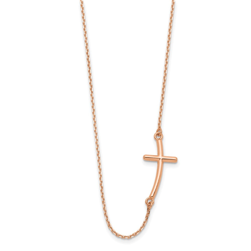 14k Rose Gold Polished Large Sideways Curved Cross Necklace