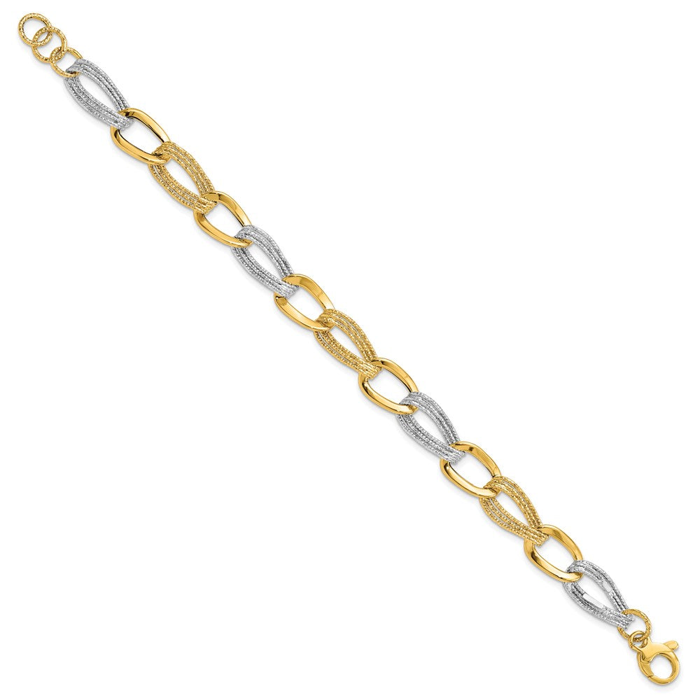 14k Two Tone Polished and Textured Fancy Link Bracelet