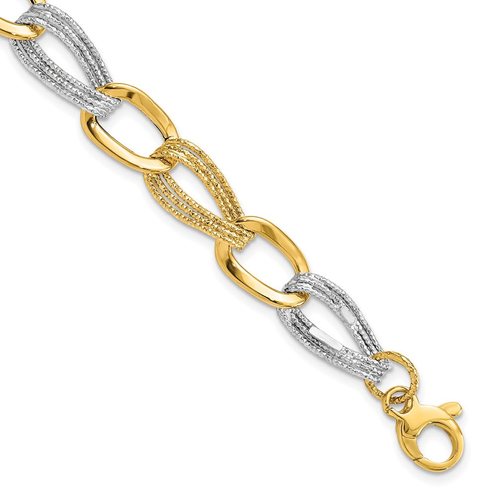 14k Two Tone Polished and Textured Fancy Link Bracelet
