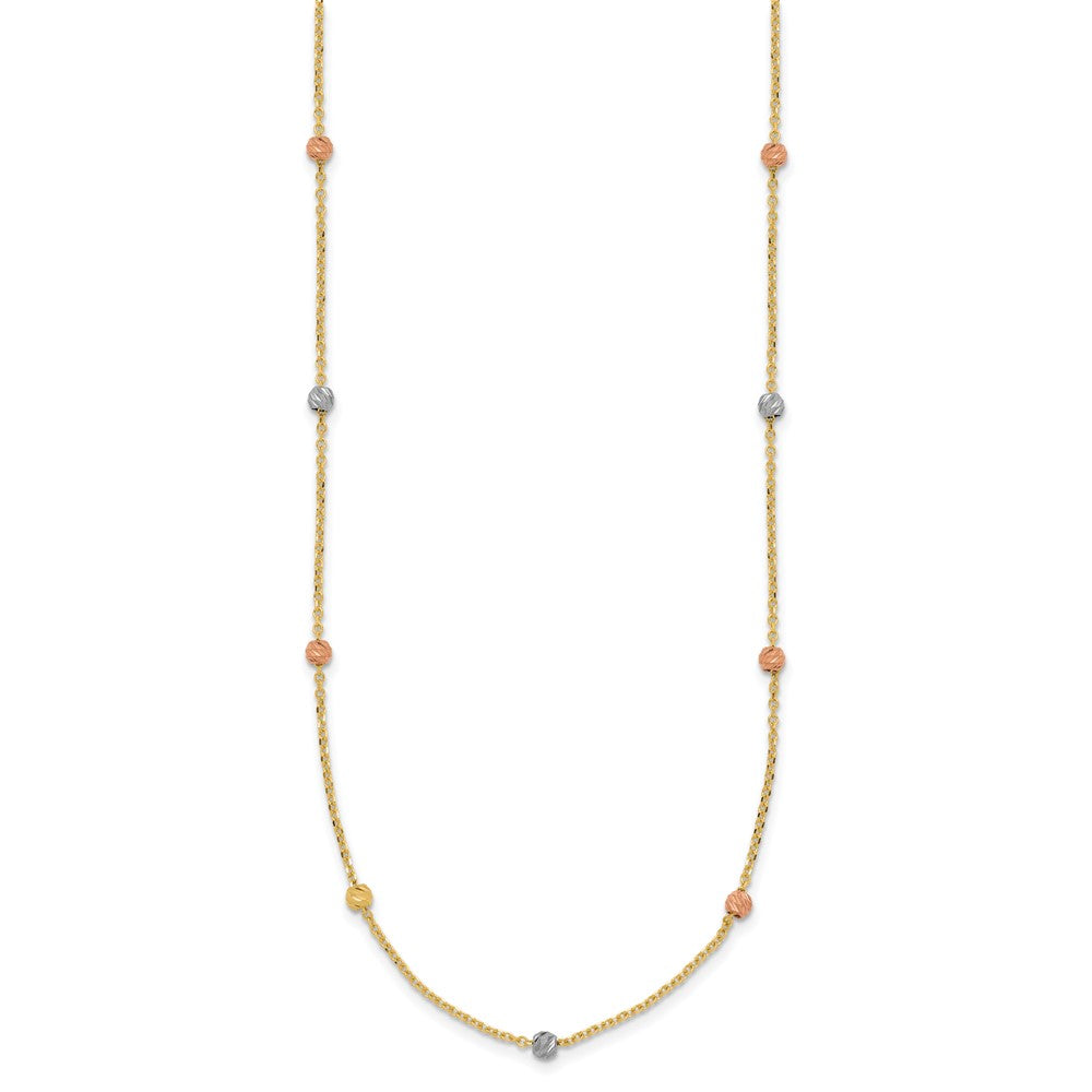 14k Tri-color Polished Diamond-cut Beads Station Necklace