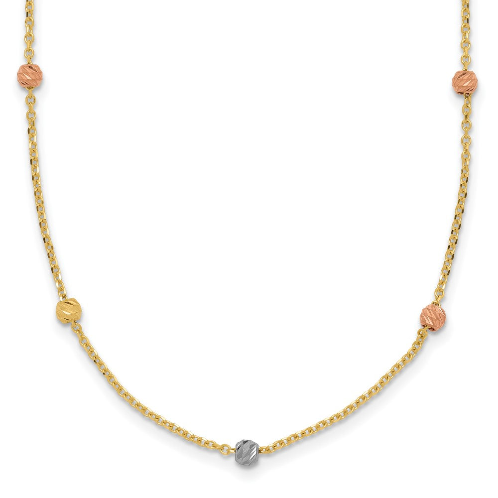 14k Tri-color Polished Diamond-cut Beads Station Necklace
